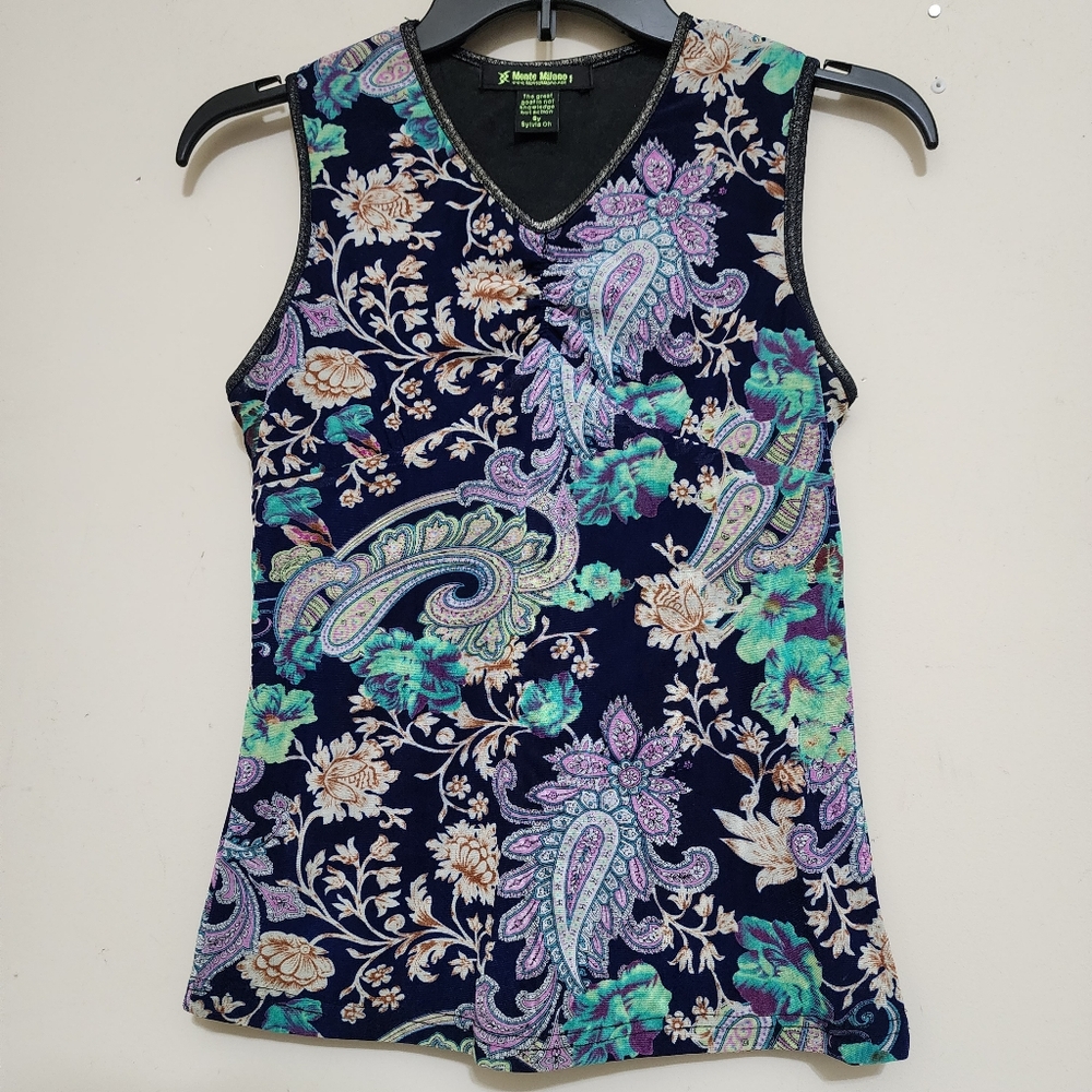 MONTE MILANO size Small‎ Sleeveless Floral V Neck Metallic Top Navy